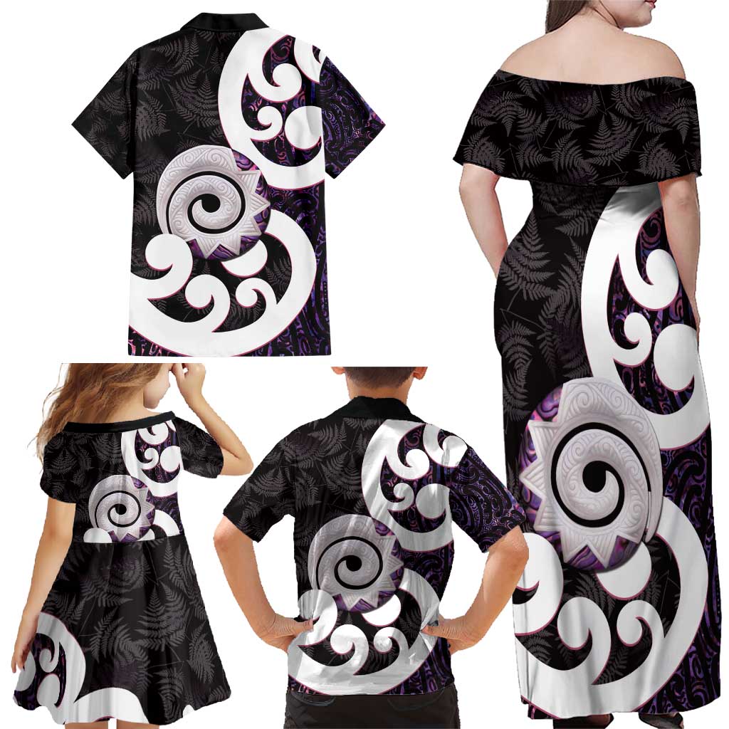 Aotearoa Koru Family Matching Off Shoulder Maxi Dress and Hawaiian Shirt Purple Maori Paua Shell Mix Silver Fern