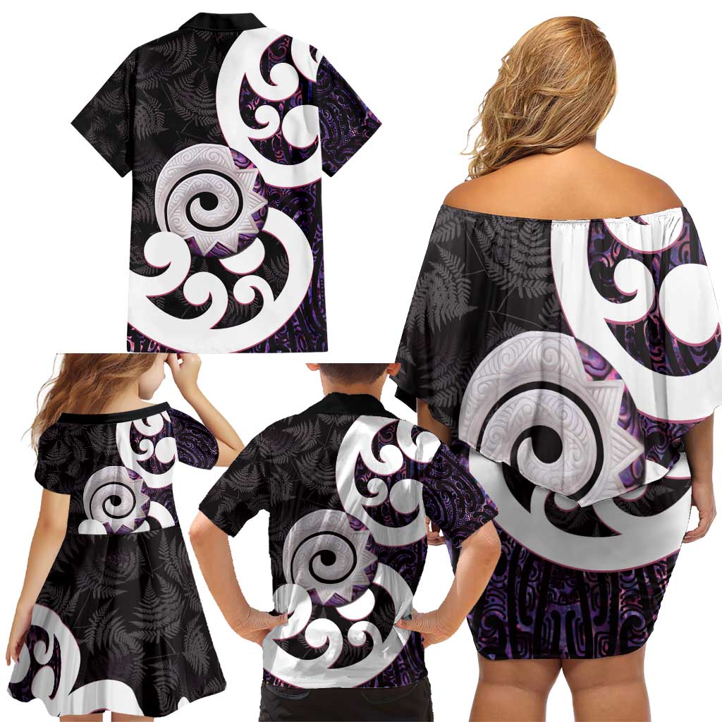 Aotearoa Koru Family Matching Off Shoulder Short Dress and Hawaiian Shirt Purple Maori Paua Shell Mix Silver Fern