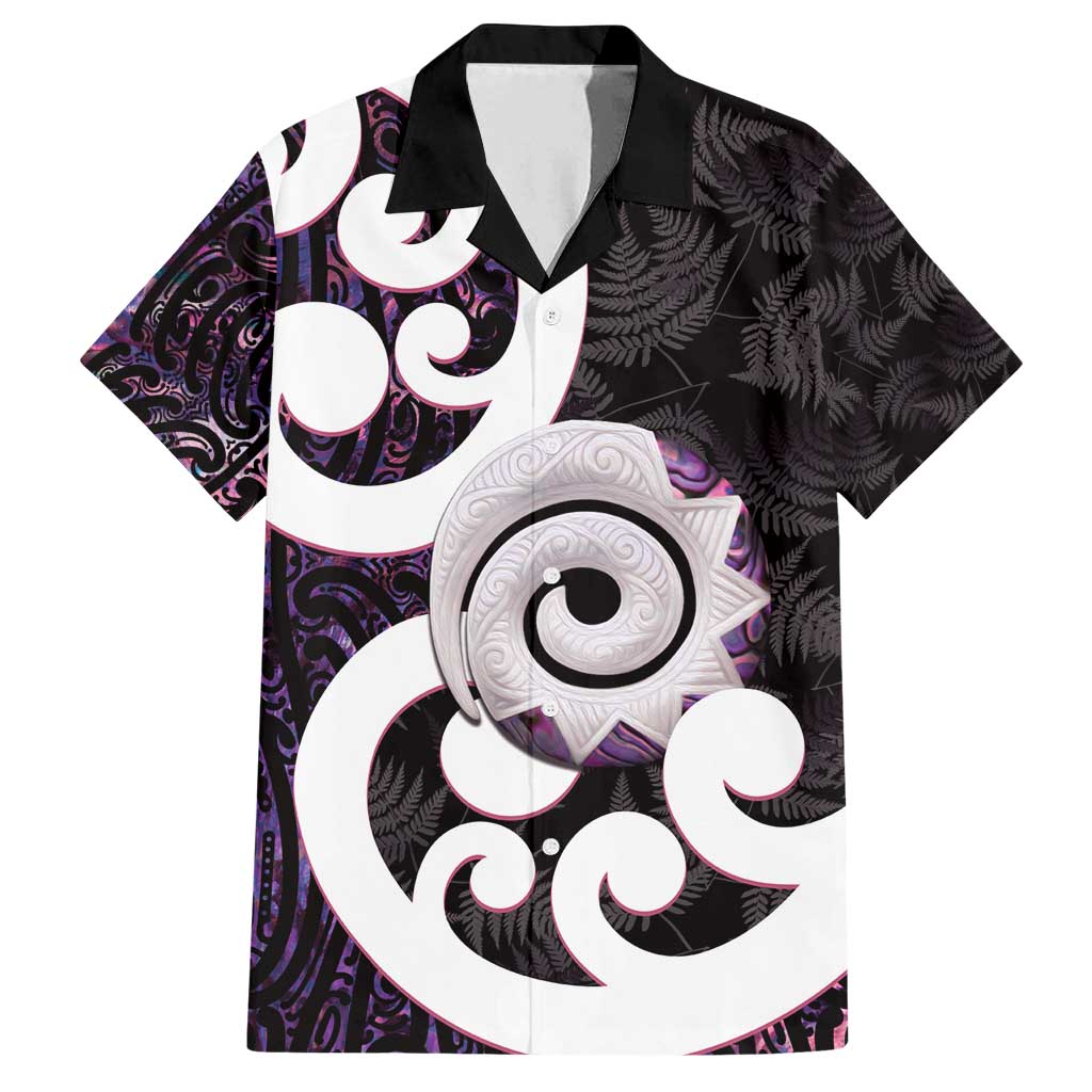 Aotearoa Koru Family Matching Off Shoulder Short Dress and Hawaiian Shirt Purple Maori Paua Shell Mix Silver Fern