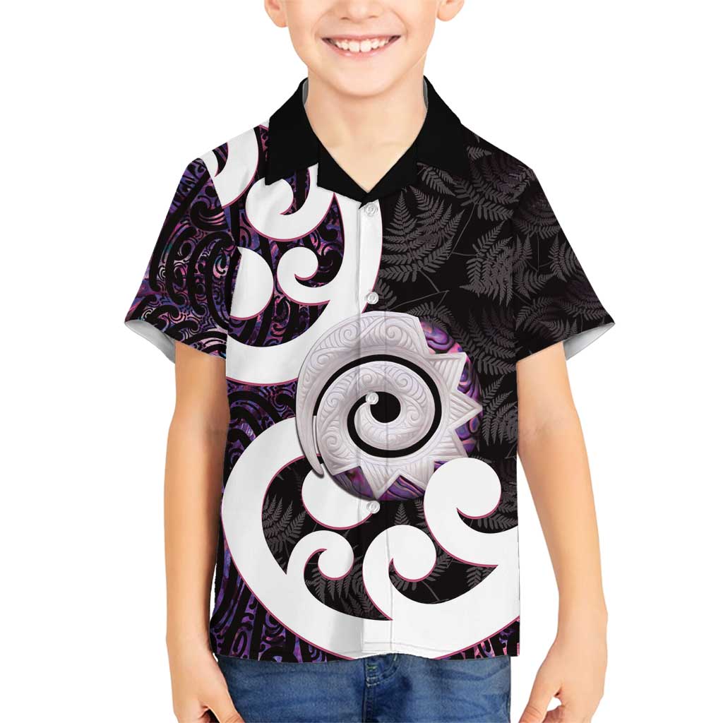 Aotearoa Koru Family Matching Off Shoulder Short Dress and Hawaiian Shirt Purple Maori Paua Shell Mix Silver Fern