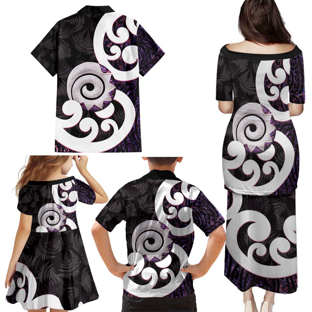 Aotearoa Koru Family Matching Puletasi and Hawaiian Shirt Purple Maori Paua Shell Mix Silver Fern