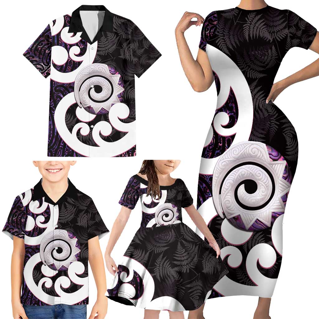 Aotearoa Koru Family Matching Short Sleeve Bodycon Dress and Hawaiian Shirt Purple Maori Paua Shell Mix Silver Fern