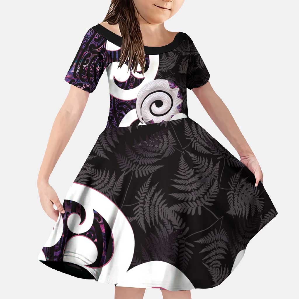 Aotearoa Koru Family Matching Short Sleeve Bodycon Dress and Hawaiian Shirt Purple Maori Paua Shell Mix Silver Fern