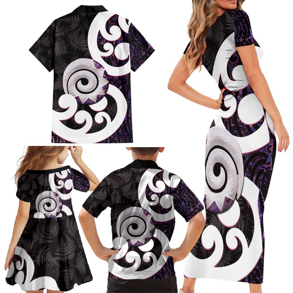 Aotearoa Koru Family Matching Short Sleeve Bodycon Dress and Hawaiian Shirt Purple Maori Paua Shell Mix Silver Fern