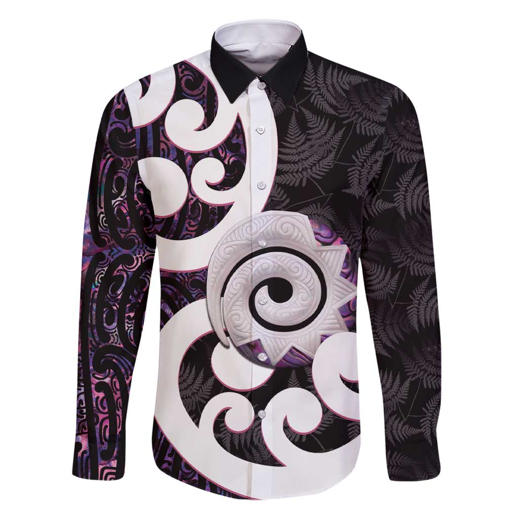 Aotearoa Koru Family Matching Short Sleeve Bodycon Dress and Hawaiian Shirt Purple Maori Paua Shell Mix Silver Fern