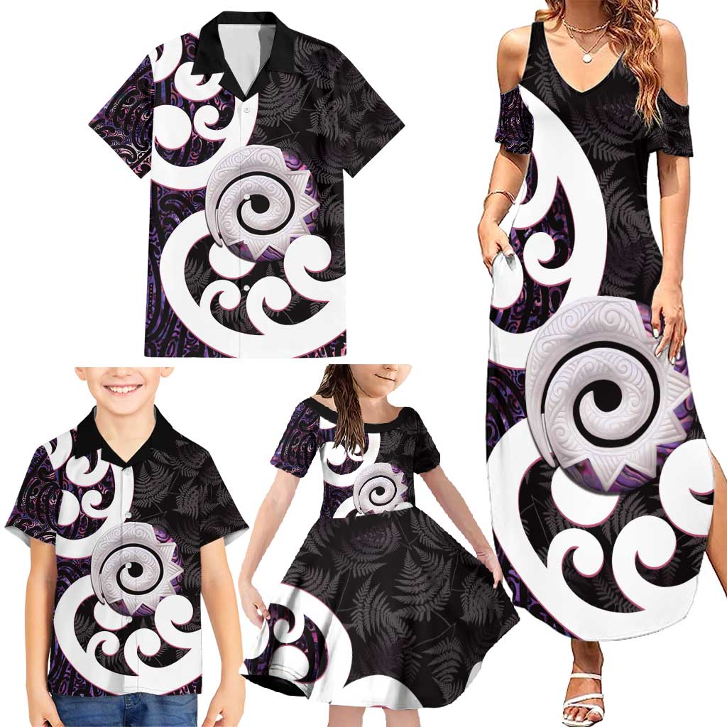 Aotearoa Koru Family Matching Summer Maxi Dress and Hawaiian Shirt Purple Maori Paua Shell Mix Silver Fern