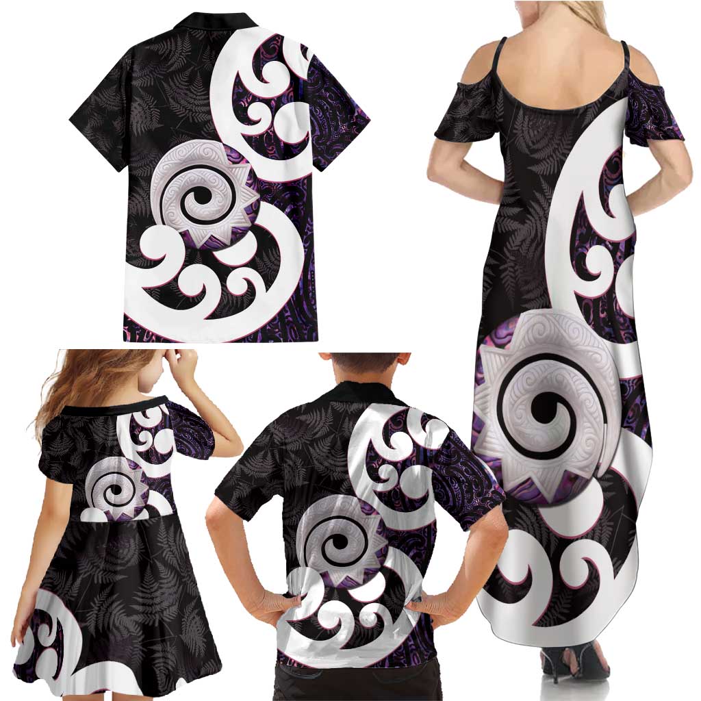 Aotearoa Koru Family Matching Summer Maxi Dress and Hawaiian Shirt Purple Maori Paua Shell Mix Silver Fern