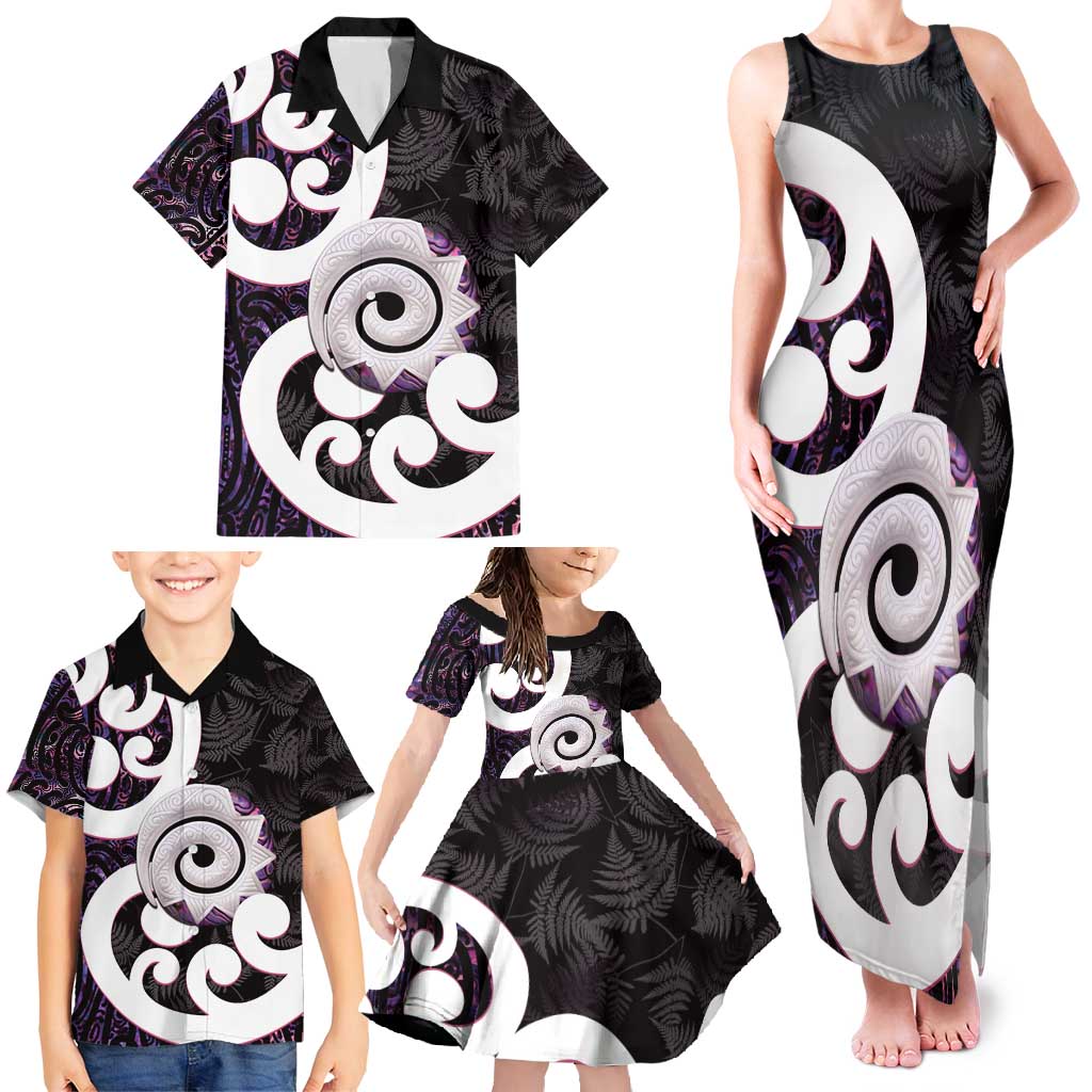 Aotearoa Koru Family Matching Tank Maxi Dress and Hawaiian Shirt Purple Maori Paua Shell Mix Silver Fern