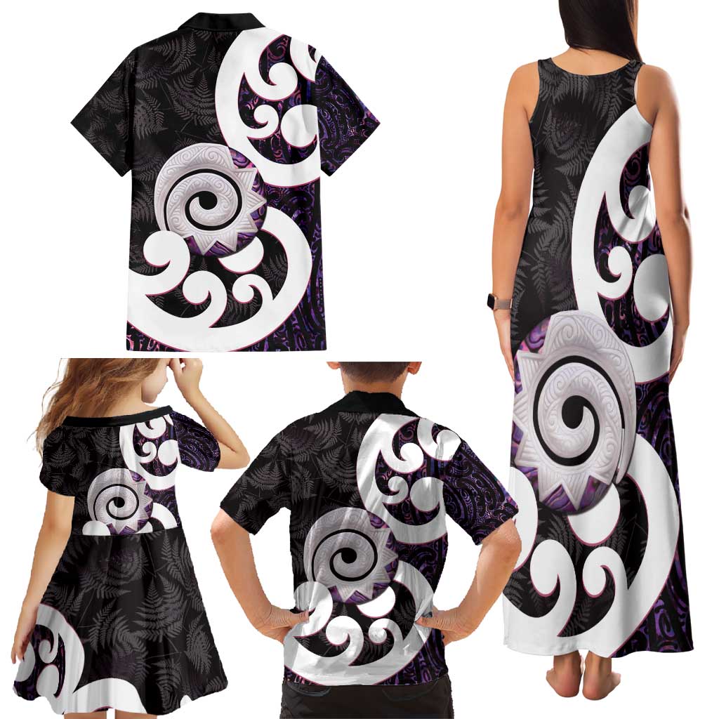 Aotearoa Koru Family Matching Tank Maxi Dress and Hawaiian Shirt Purple Maori Paua Shell Mix Silver Fern