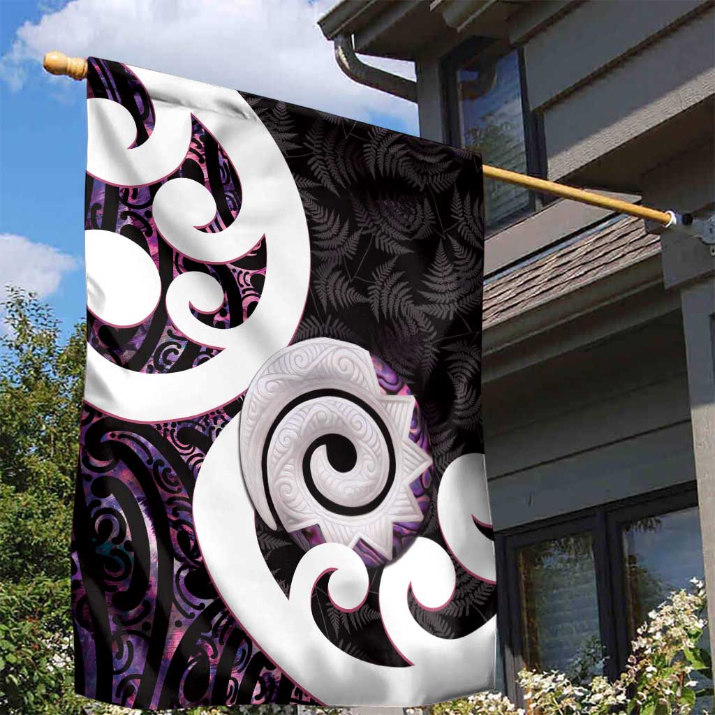 Aotearoa Koru Garden Flag Purple Maori Paua Shell Mix Silver Fern - Vibe Hoodie Shop