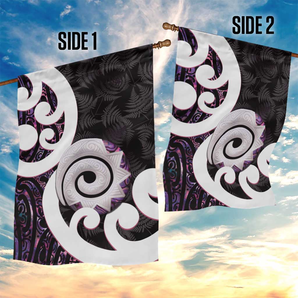 Aotearoa Koru Garden Flag Purple Maori Paua Shell Mix Silver Fern - Vibe Hoodie Shop