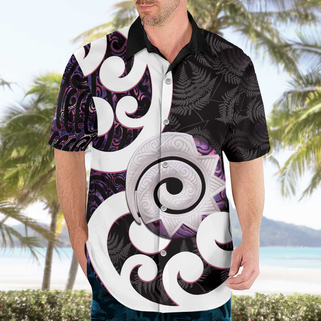 Aotearoa Koru Hawaiian Shirt Purple Maori Paua Shell Mix Silver Fern - Vibe Hoodie Shop