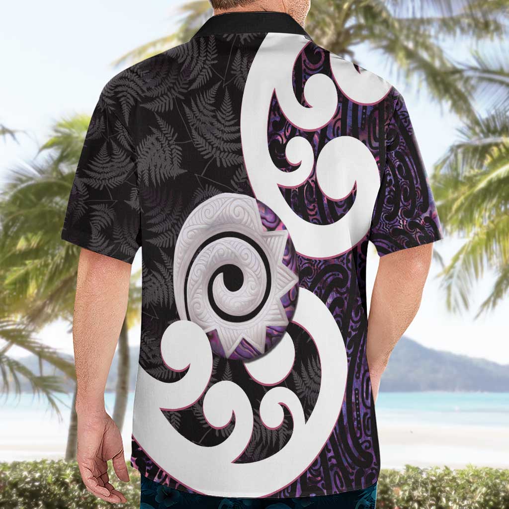 Aotearoa Koru Hawaiian Shirt Purple Maori Paua Shell Mix Silver Fern - Vibe Hoodie Shop