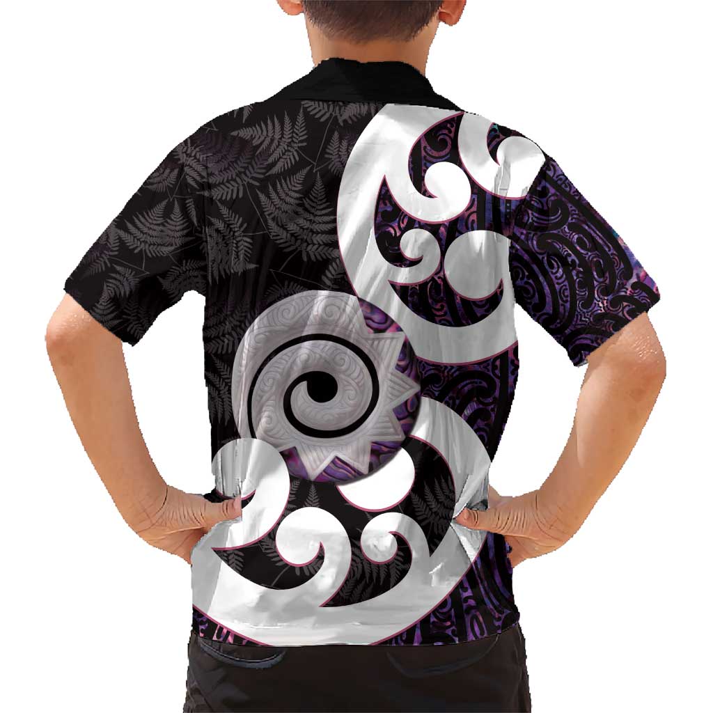 Aotearoa Koru Hawaiian Shirt Purple Maori Paua Shell Mix Silver Fern - Vibe Hoodie Shop