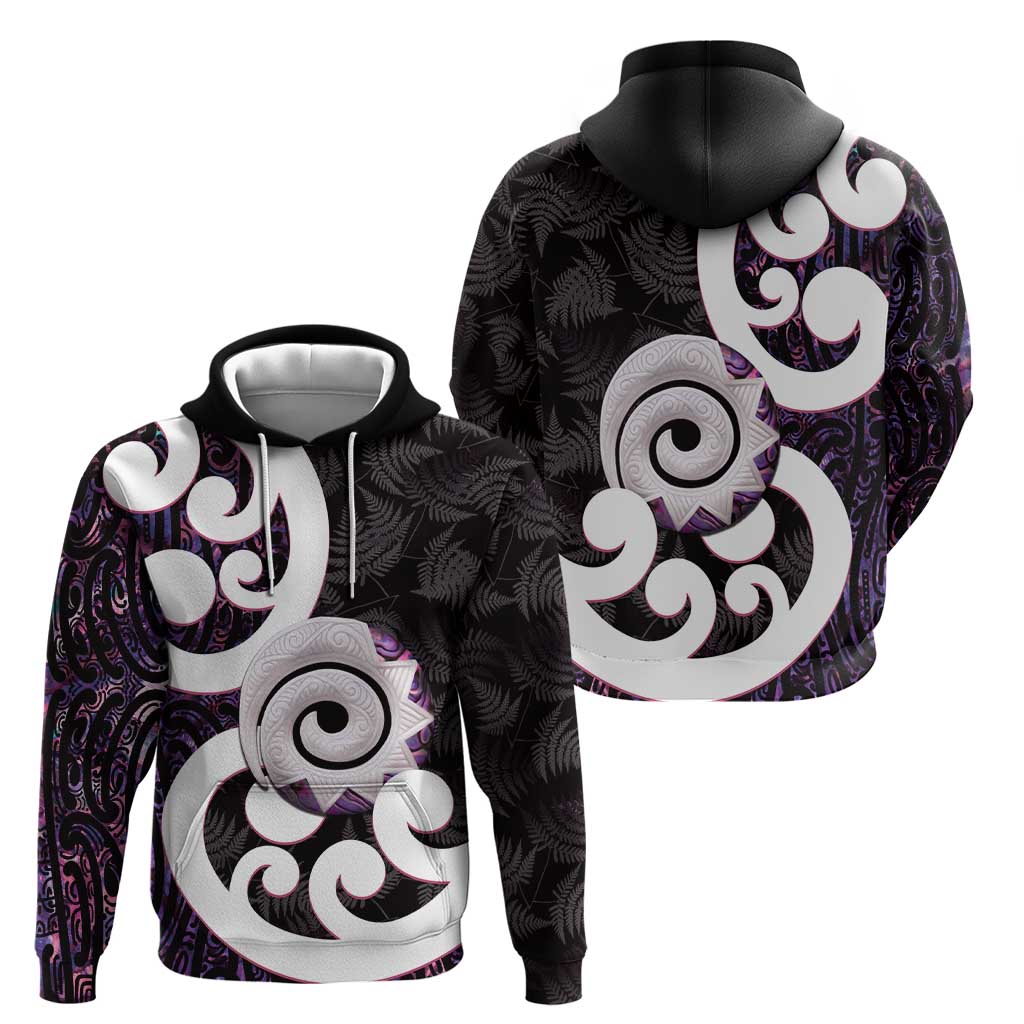 Aotearoa Koru Hoodie Purple Maori Paua Shell Mix Silver Fern - Vibe Hoodie Shop