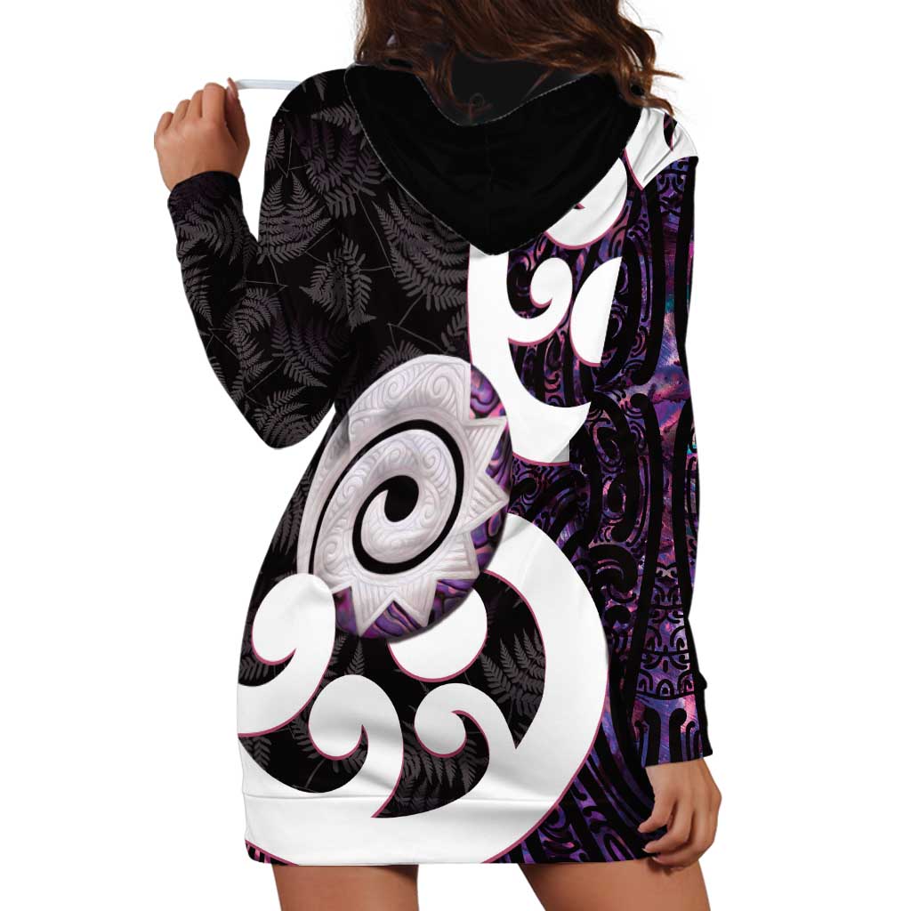 Aotearoa Koru Hoodie Dress Purple Maori Paua Shell Mix Silver Fern - Vibe Hoodie Shop