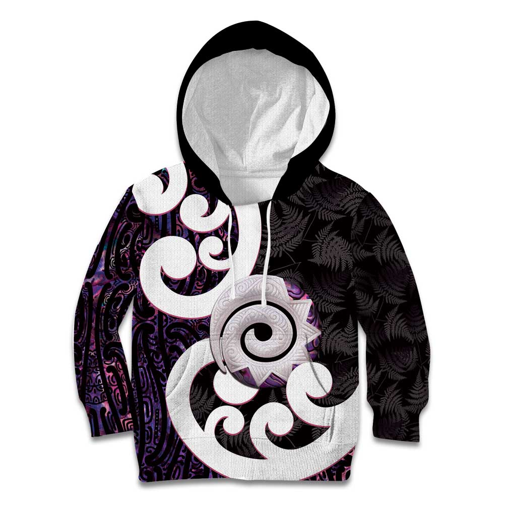 Aotearoa Koru Kid Hoodie Purple Maori Paua Shell Mix Silver Fern - Vibe Hoodie Shop