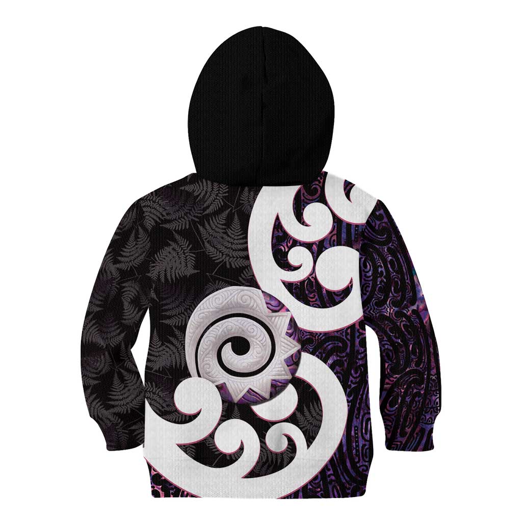 Aotearoa Koru Kid Hoodie Purple Maori Paua Shell Mix Silver Fern - Vibe Hoodie Shop