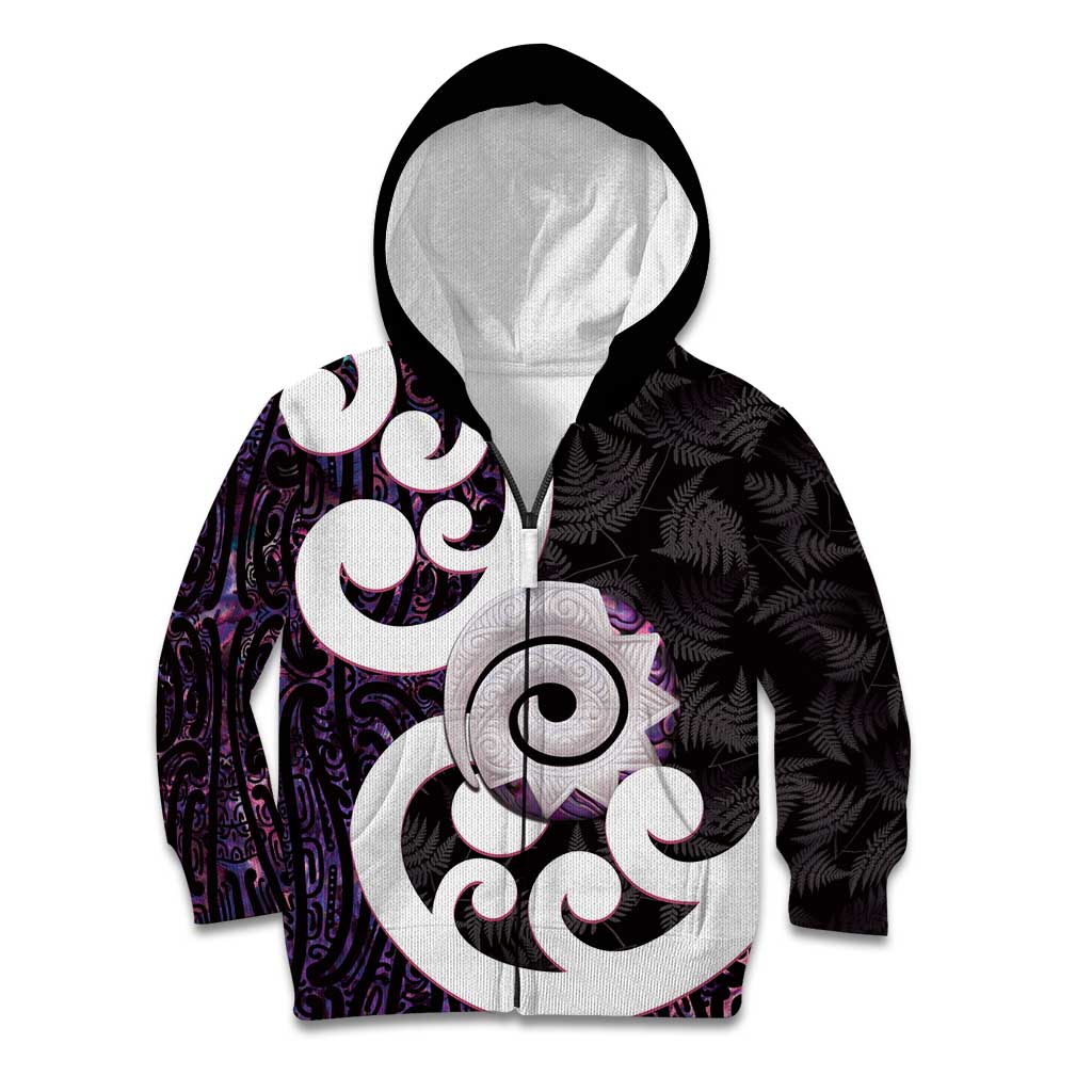 Aotearoa Koru Kid Hoodie Purple Maori Paua Shell Mix Silver Fern - Vibe Hoodie Shop