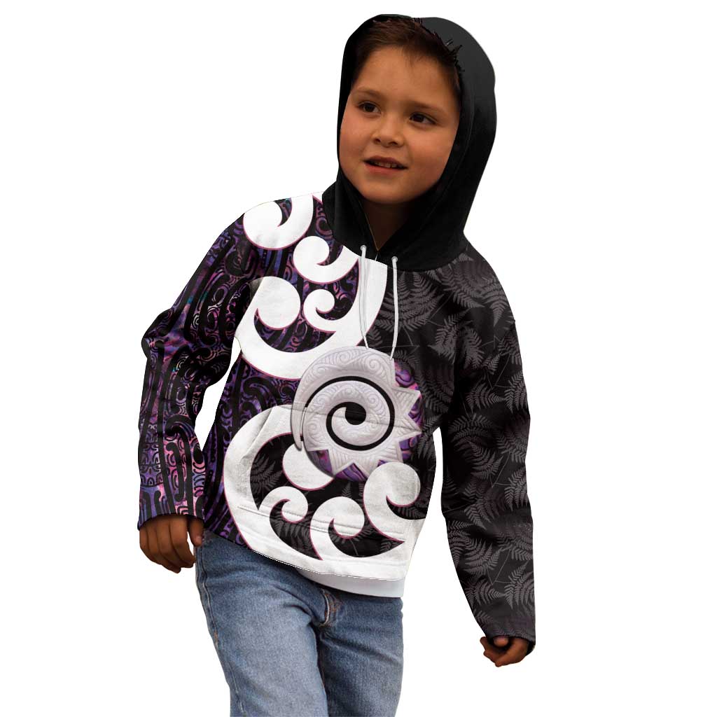 Aotearoa Koru Kid Hoodie Purple Maori Paua Shell Mix Silver Fern - Vibe Hoodie Shop