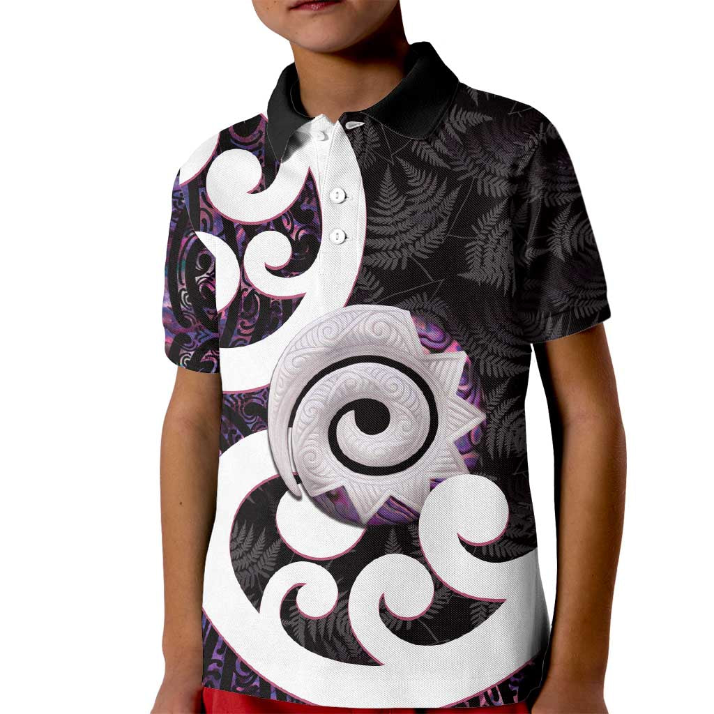 Aotearoa Koru Kid Polo Shirt Purple Maori Paua Shell Mix Silver Fern - Vibe Hoodie Shop