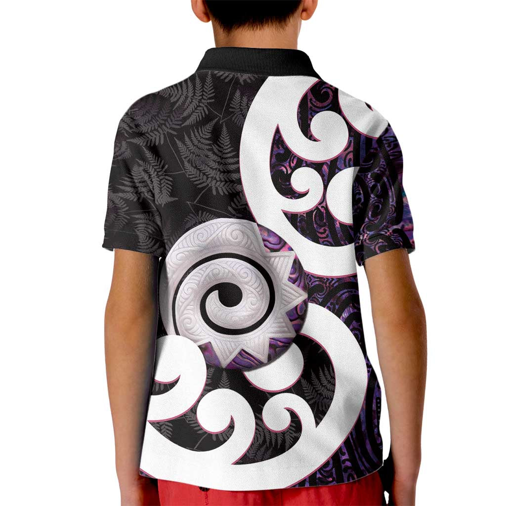 Aotearoa Koru Kid Polo Shirt Purple Maori Paua Shell Mix Silver Fern - Vibe Hoodie Shop