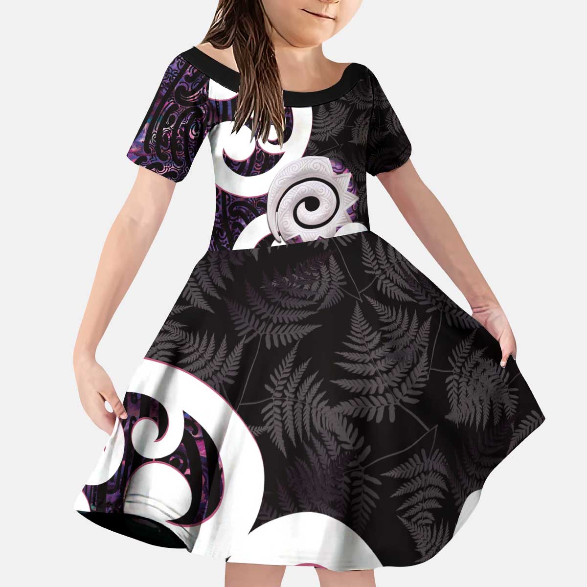 Aotearoa Koru Kid Short Sleeve Dress Purple Maori Paua Shell Mix Silver Fern - Vibe Hoodie Shop