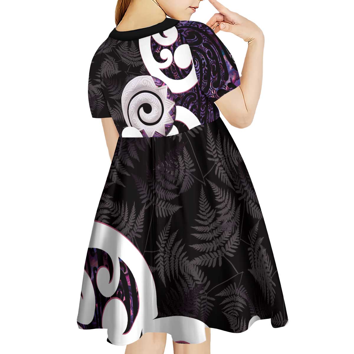 Aotearoa Koru Kid Short Sleeve Dress Purple Maori Paua Shell Mix Silver Fern - Vibe Hoodie Shop