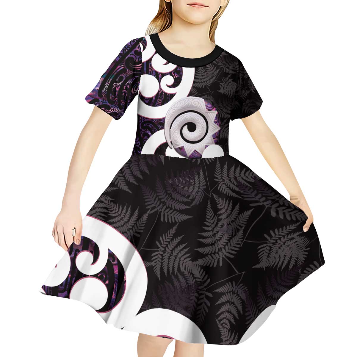 Aotearoa Koru Kid Short Sleeve Dress Purple Maori Paua Shell Mix Silver Fern - Vibe Hoodie Shop