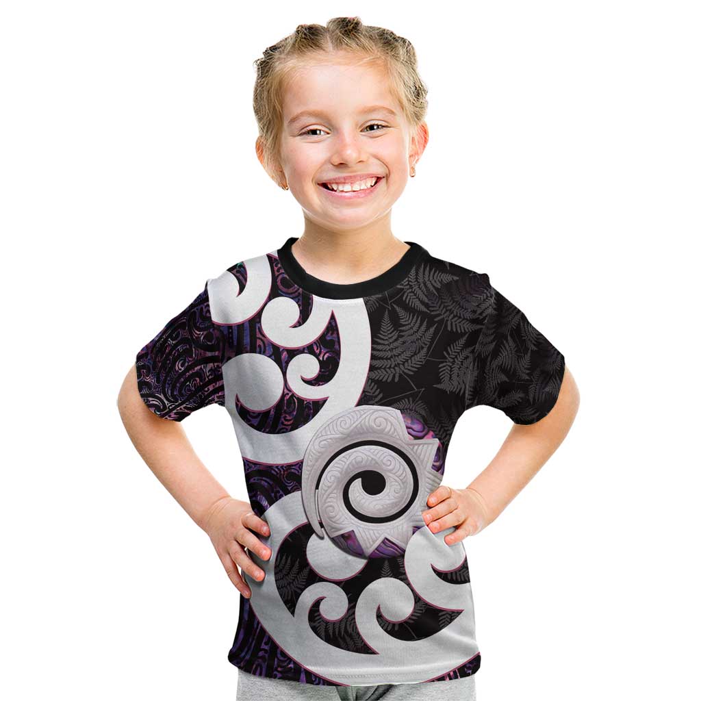 Aotearoa Koru Kid T Shirt Purple Maori Paua Shell Mix Silver Fern - Vibe Hoodie Shop