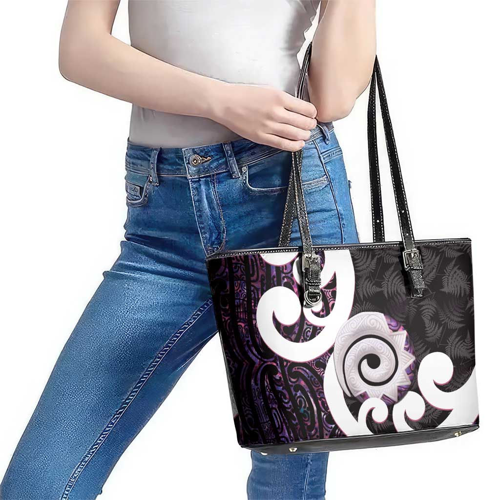 Aotearoa Koru Leather Tote Bag Purple Maori Paua Shell Mix Silver Fern