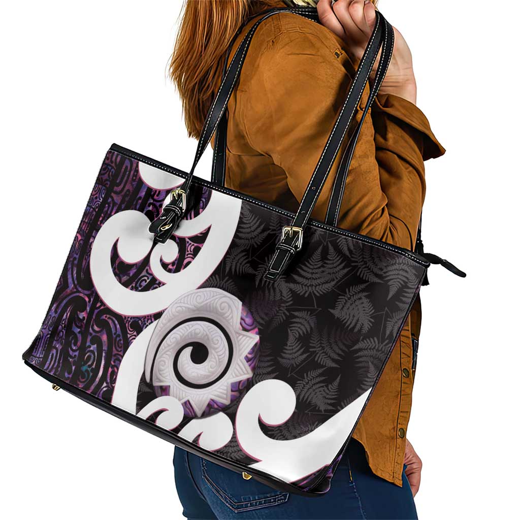 Aotearoa Koru Leather Tote Bag Purple Maori Paua Shell Mix Silver Fern