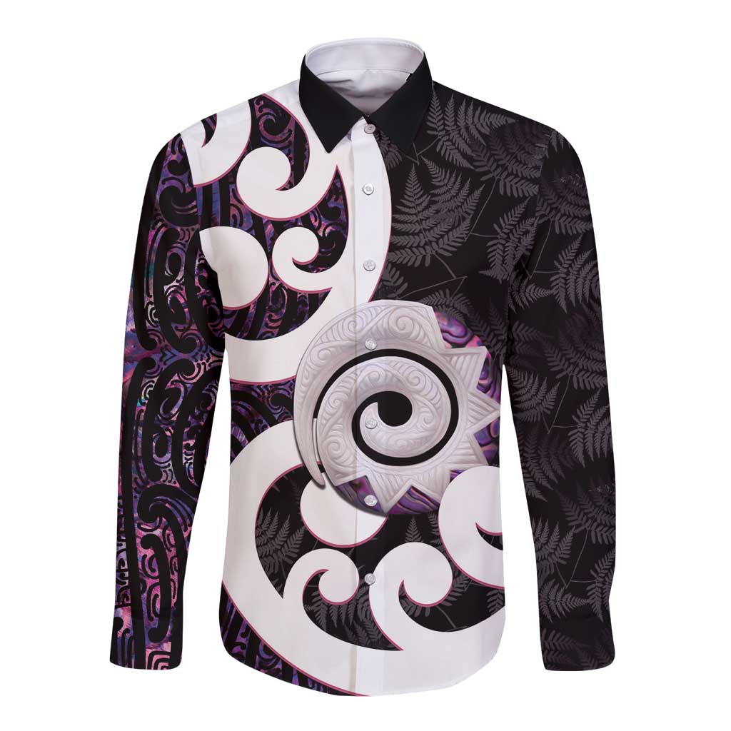 Aotearoa Koru Long Sleeve Button Shirt Purple Maori Paua Shell Mix Silver Fern - Vibe Hoodie Shop