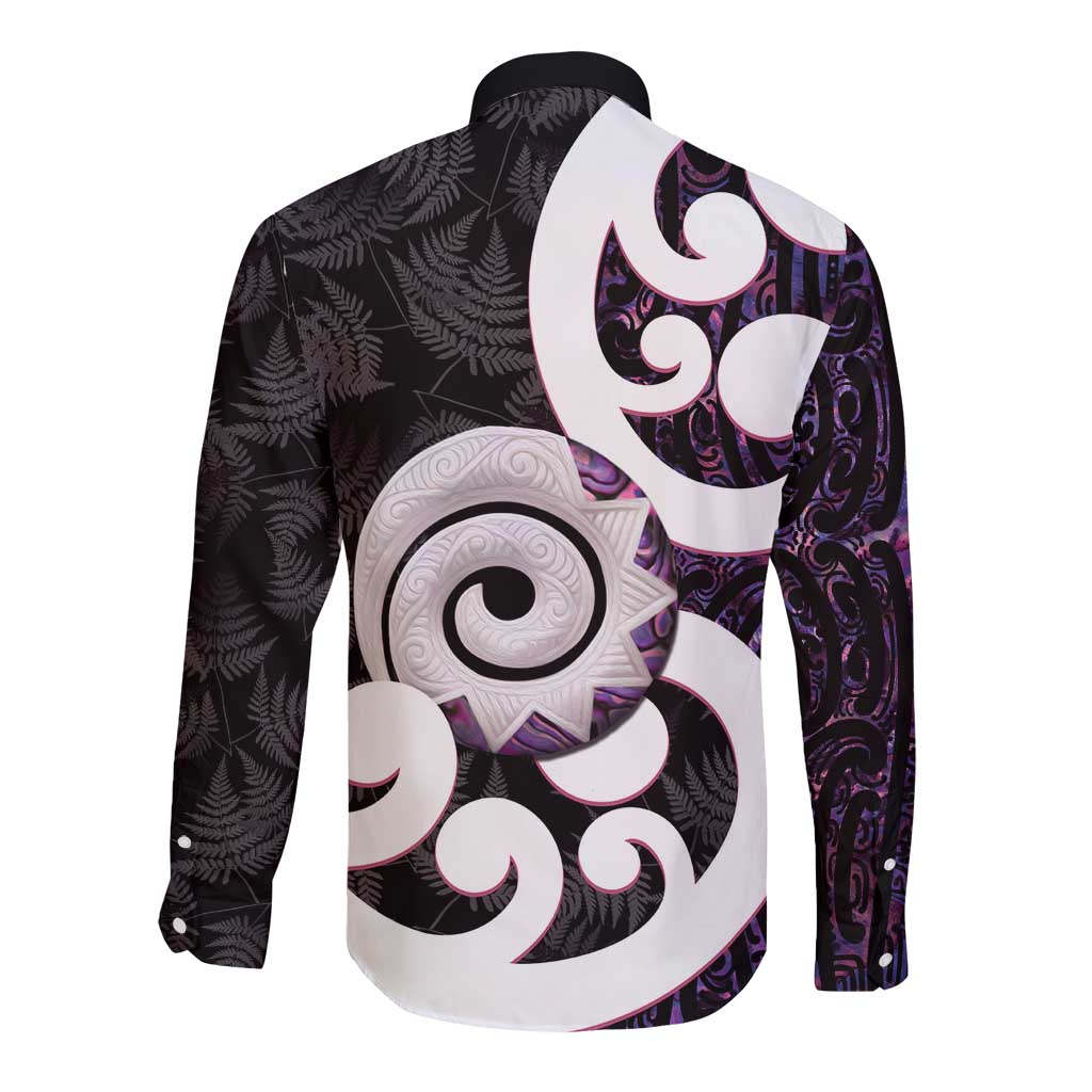 Aotearoa Koru Long Sleeve Button Shirt Purple Maori Paua Shell Mix Silver Fern - Vibe Hoodie Shop