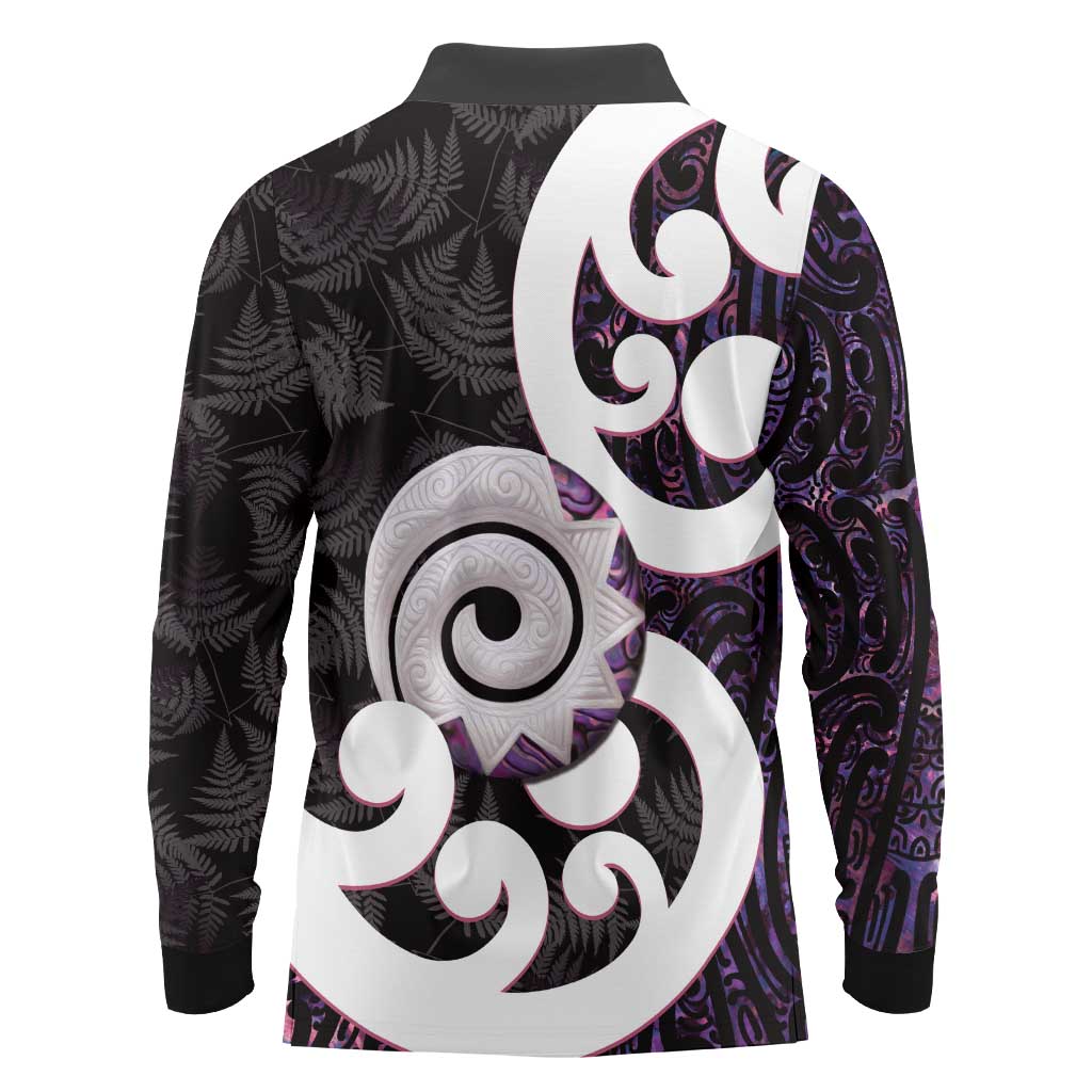 Aotearoa Koru Long Sleeve Polo Shirt Purple Maori Paua Shell Mix Silver Fern