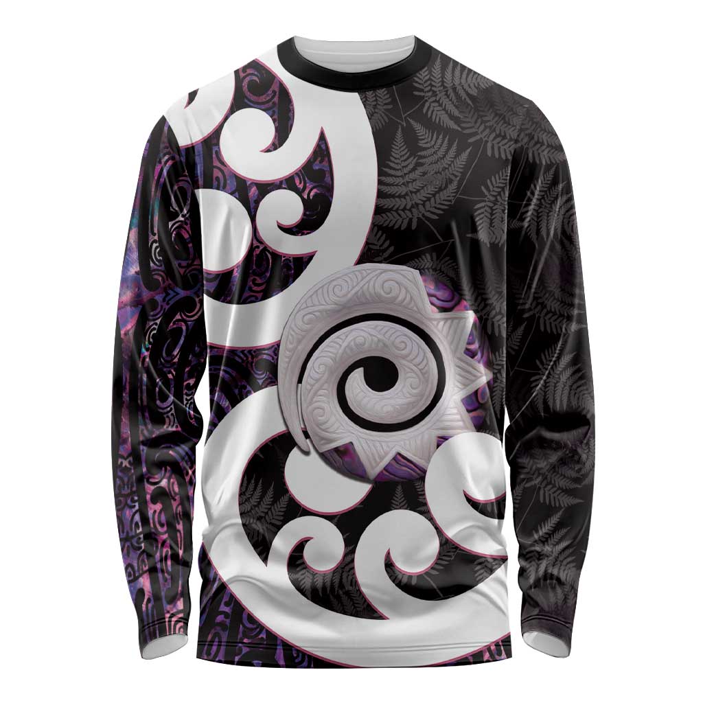 Aotearoa Koru Long Sleeve Shirt Purple Maori Paua Shell Mix Silver Fern - Vibe Hoodie Shop