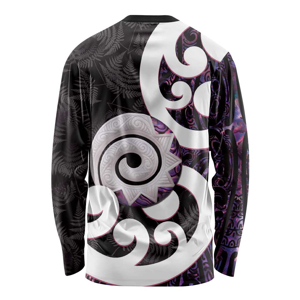 Aotearoa Koru Long Sleeve Shirt Purple Maori Paua Shell Mix Silver Fern - Vibe Hoodie Shop