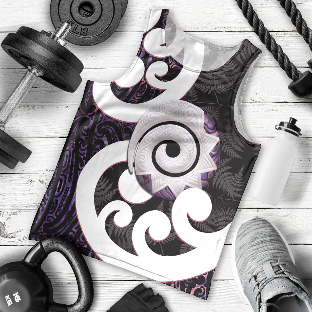 Aotearoa Koru Men Tank Top Purple Maori Paua Shell Mix Silver Fern - Vibe Hoodie Shop