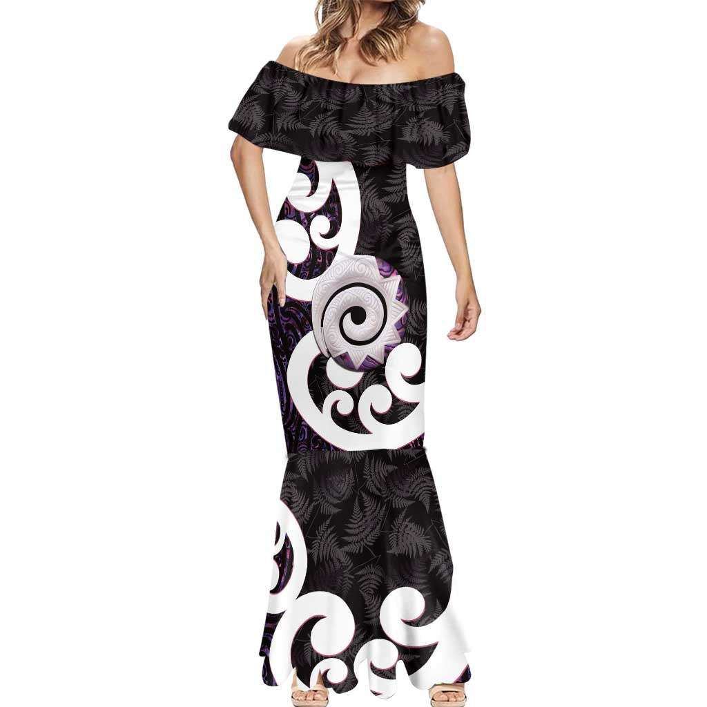 Aotearoa Koru Mermaid Dress Purple Maori Paua Shell Mix Silver Fern