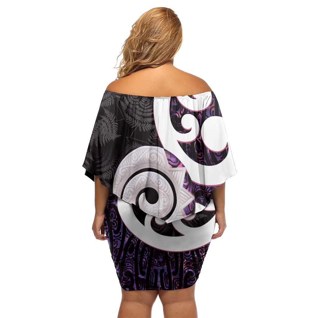 Aotearoa Koru Off Shoulder Short Dress Purple Maori Paua Shell Mix Silver Fern