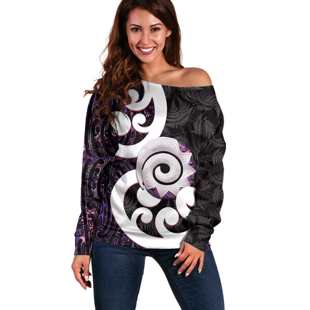 Aotearoa Koru Off Shoulder Sweater Purple Maori Paua Shell Mix Silver Fern - Vibe Hoodie Shop