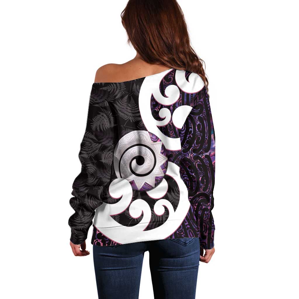 Aotearoa Koru Off Shoulder Sweater Purple Maori Paua Shell Mix Silver Fern - Vibe Hoodie Shop