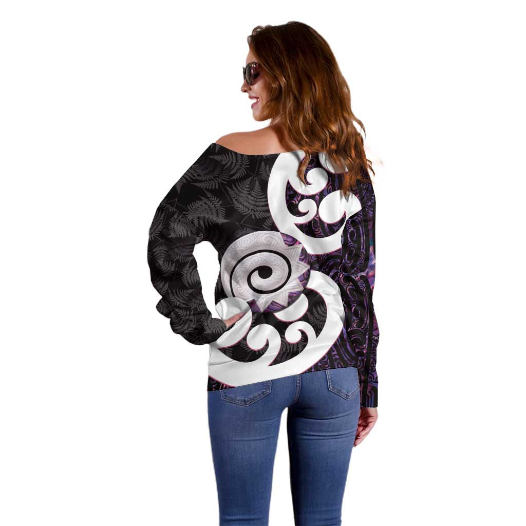 Aotearoa Koru Off Shoulder Sweater Purple Maori Paua Shell Mix Silver Fern - Vibe Hoodie Shop