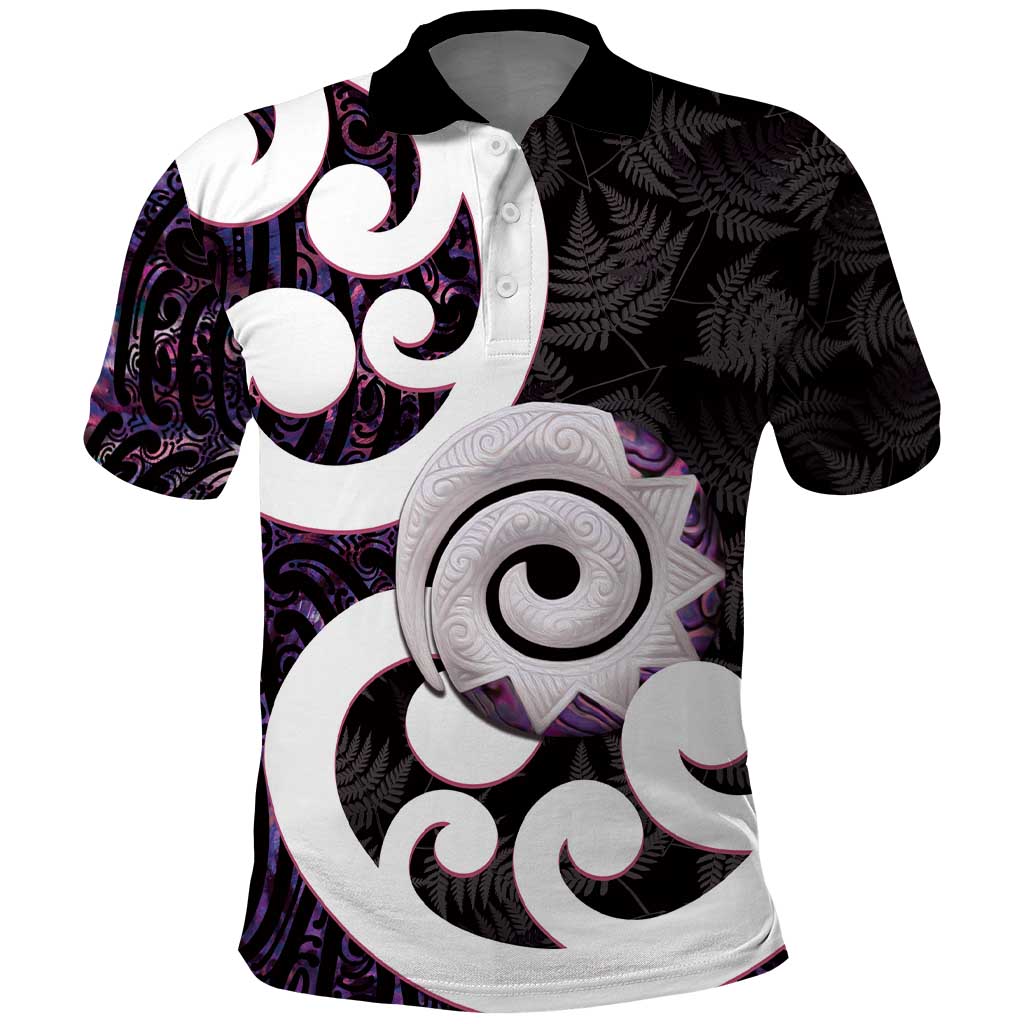 Aotearoa Koru Polo Shirt Purple Maori Paua Shell Mix Silver Fern - Vibe Hoodie Shop