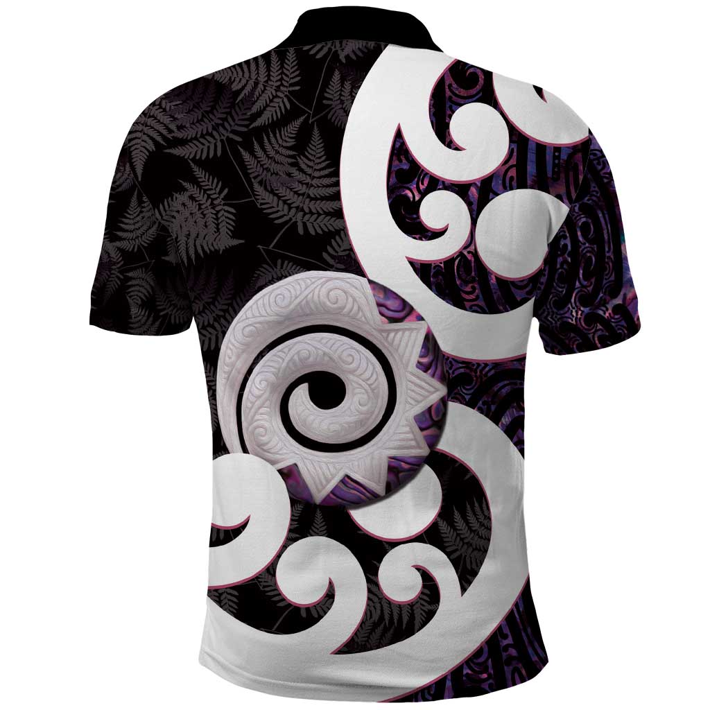 Aotearoa Koru Polo Shirt Purple Maori Paua Shell Mix Silver Fern - Vibe Hoodie Shop