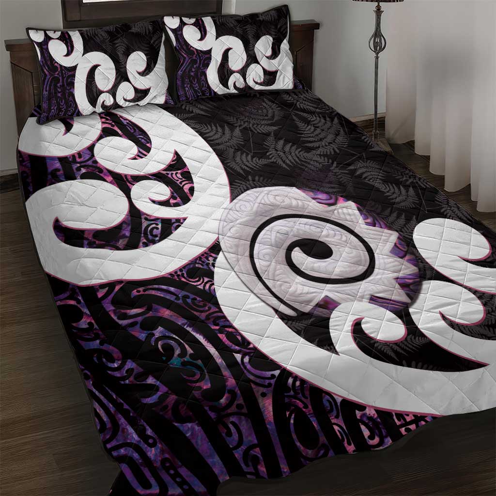 Aotearoa Koru Quilt Bed Set Purple Maori Paua Shell Mix Silver Fern - Vibe Hoodie Shop