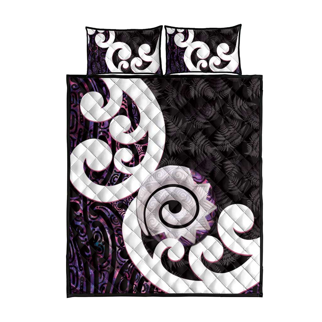 Aotearoa Koru Quilt Bed Set Purple Maori Paua Shell Mix Silver Fern - Vibe Hoodie Shop