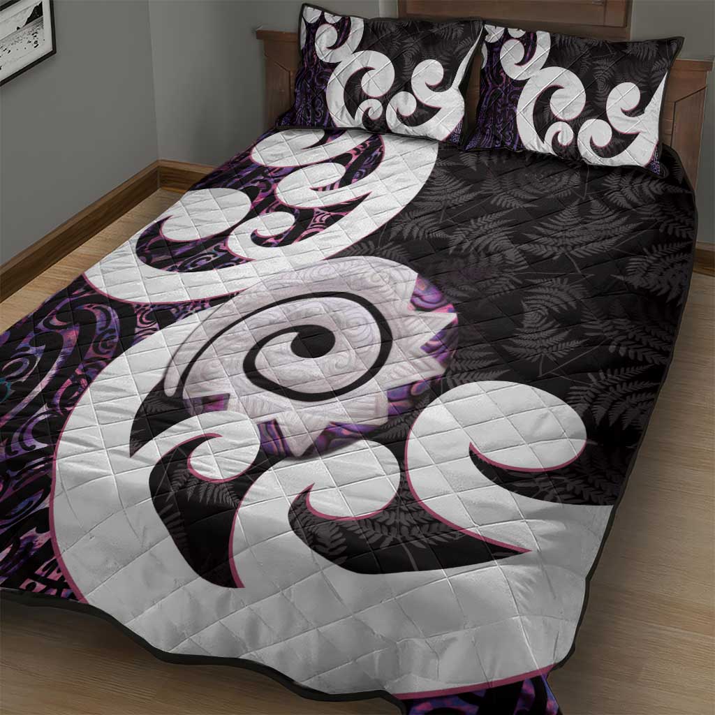 Aotearoa Koru Quilt Bed Set Purple Maori Paua Shell Mix Silver Fern - Vibe Hoodie Shop