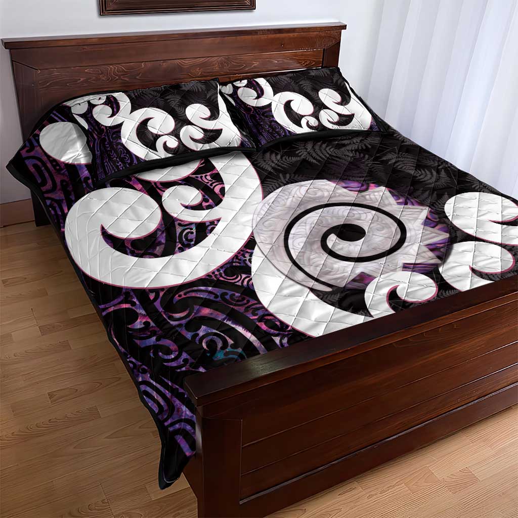 Aotearoa Koru Quilt Bed Set Purple Maori Paua Shell Mix Silver Fern - Vibe Hoodie Shop