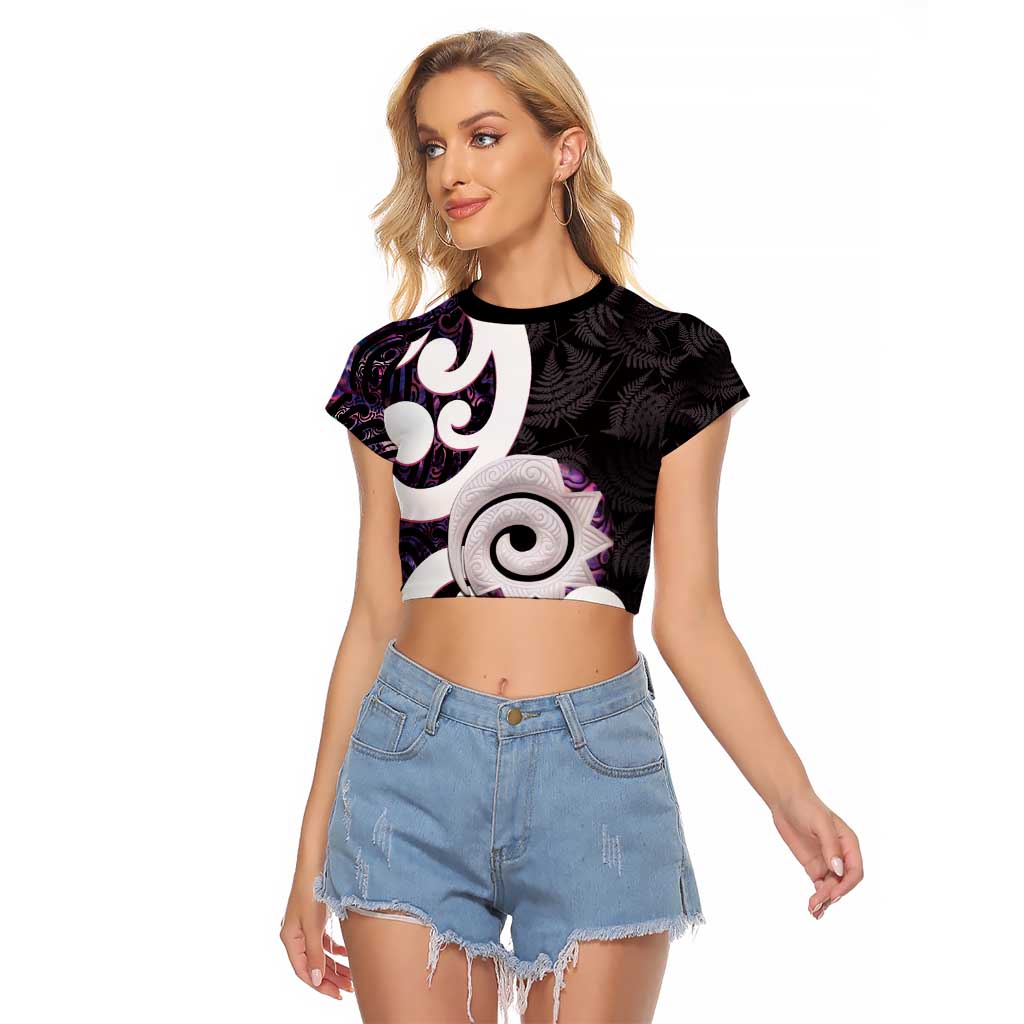 Aotearoa Koru Raglan Cropped T Shirt Purple Maori Paua Shell Mix Silver Fern - Vibe Hoodie Shop